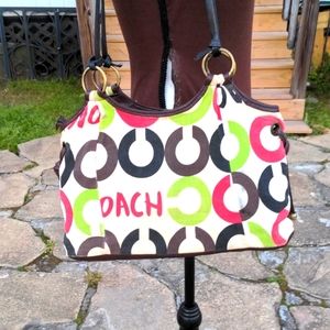 Coach(Not Authentic) Canvas-Type Fabric Brown, Red & Lime Trimme in Faux Leather